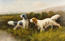 R. Horton (20th century) dogs in a landscape with hills beyond, oil on canvas, signed, 24