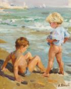 Byeli Alexei (b.1927) Russian, 'Children On The Beach', oil on board, signed, 10.5