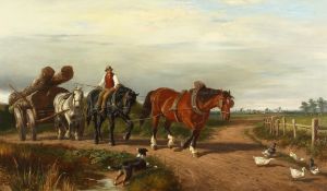 Samuel Joseph Clarke (1834-1912) British, A farmer and three horses pulling a cart of tree trunks on