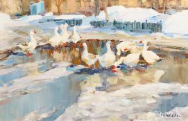 Marina Davidova (b.1951) Russian, 'Geese In The Winter', signed oil on board, 10.5