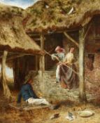Charles James Lewis (1830-1892) British, a scene of three wistful figures in a barnyard setting,