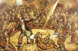 Derek Higginson (1930-2020) British, a Stoke-on-Trent artist, clowns performing in a big top with