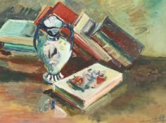 Mid-20th century school, a still life painting of a vase and books, oil on card, indistinctly signed