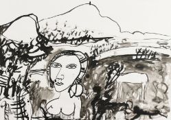 John Bellany (1942-2013) Scottish, figure in a landscape, ink & wash, signed, 24x33.