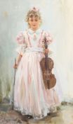 Konstantin Razumov (b.1974) Russian, 'Girl With Violin', signed oil on canvas, 13.75
