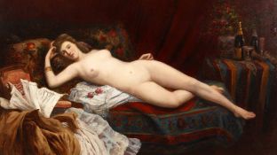 Jules Scalbert (b.1851) French, a reclining female nude in a boudoir, oil on canvas
