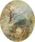 William Henry Pike (1846-1908) British. Figures Resting by a River, Watercolour, Signed, Oval, 14