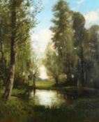Eugene Bourgeuis (1855-1901) French, a river landscape with a view through trees, oil on mahogany