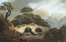 Late 18th Century English School. Figures on a Stone Bridge, Gouache, Unframed, 9.5