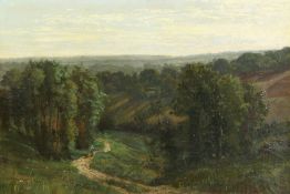 Georges de Lafarge-Laujol (1830 -1855) French, wayfarer in a valley with trees beyond, oil on