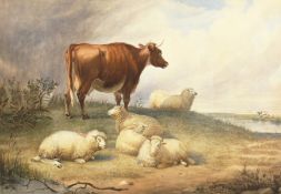Circle of Thomas Sydney Cooper (1803-1902) British. Cattle and Sheep in a Riverside Meadow,