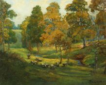 William Thorton Brocklebank (20th century), a Shepherd and his flock in a woodland glade by a