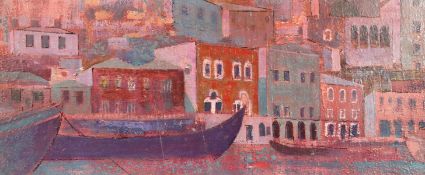 Mid-20th century school, a continental river landscape with buildings beyond, oil on panel, 11.5