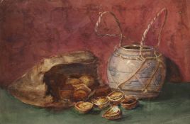 L. Laffite, a still life of items on the kitchen table, watercolour, signed, 11