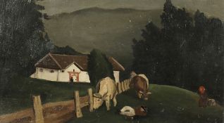 Colette Beleys (1911-1998) French. 'Cattle in the Field', A Scene of Grazing Cattle in a Mountain