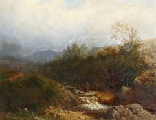 19th century English school. A rocky river Highland landscape, oil on board, signed with initials,