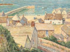 Henry Samuel Merritt (1884-1963) British, a harbour view with buildings in the foreground, oil on