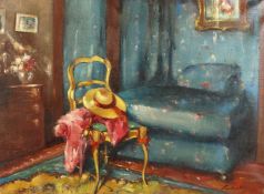Continental school, (20th century), study of a straw hat on a chair, oil on canvas, indistinctly