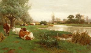 Claude Lorraine Clark (Claude Cardon) 1864-1937, British. Cattle Resting in a Waterside Meadow