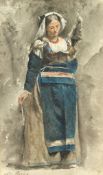 19th Century European School. A Lady in Traditional Costume, Watercolour, Signed Indistinctly, 10