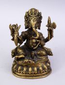 A SMALL 19TH / 20TH CENTURY INDIAN BRONZE FIGURE OF GANESH, in a seated position holding multiple