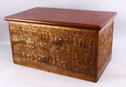 A LARGE 19TH CENTURY BURMESE LACQUERED WOODEN CHEST, with brass embossed decorated onlaid panels