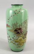 A FINE JAPANESE MEIJI PERIOD SILVER WIRE CLOISONNE VASE , The pale green ground with silver wire