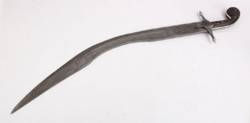 A 19TH CENTURY TURKISH OTTOMAN RHINO HORN HILTED SWORD WITH CALLIGRAPHIC SIGNED BLADE, 85cm.