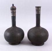 A GOOD PAIR OF INDIAN BIDRI SILVER INLAID BOTTLE VASES AND COVER, 27CM.