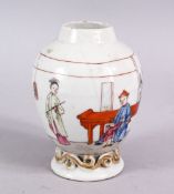 AN 18TH CENTURY CHINESE FAMILLE ROSE PORCELAIN TEA CADDY, decorated with gilt wave border, and