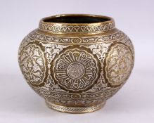 A LARGE 19TH CENTURY SILVER INLAID DAMASCUS MAMLUK REVIVAL CAIROWARE VASE, with carved roundel