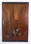 A 20TH CENTURY TURKISH COPPER AND ENAMEL PANEL, depicting native life in turkey, 88cm high x 57cm