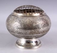 A GOOD PERSIAN / ISLAMIC SILVERED OPENWORK INCENSE BURNER & COVER, with carved decoration of birds