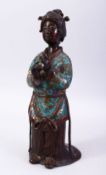 A 19TH CENTURY OR EARLIER CHINESE BRONZE & CLOISONNE FIGURE OF A WOMAN, The robes detailed in