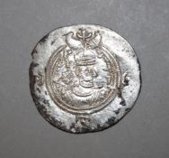 ISLAMIC SILVER COIN - SASANIAN KINGS KHOSROW II ( 590 - 628 ) AR DRACHM, mint GY, date 2, 4.1g,