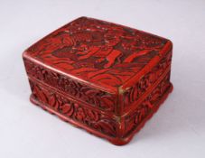 A 19TH / 20TH CENTURY CHINESE CINNABAR LACQUER LIDDED BOX, depicting a man upon elephant in a
