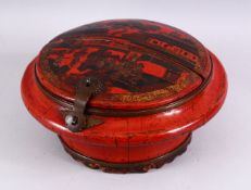 A CHINESE RED LACQUER DECORATED WOODEN LIDDED BOX, decorated with native village scenes, top half