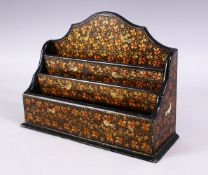 A 20TH CENTURY PERSIAN LACQUER LETTER TIDY, decorated with scenes of birds and flora, 20cm x 25cm.