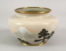 A JAPANESE MEIJI PERIOD SILVER WIRE CLOISONNE VASE - MT FUJI, the squat form vase with a