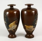 A PAIR OF JAPANESE MEIJI PERIOD BRONZE & MIXED METAL COCKEREL VASES - SIGNED, the bronze vases