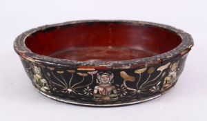 A POSSIBLY 17TH CENTURY INDIAN GOA INLAID DISH, with inlaid decoration of figures and lotus, 20.