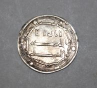 ISLAMIC SILVER COIN, ABBASID, AL-MANSUR, SILVER, DIRHAM, MINT AL MOHAMMEDIAH 145H, 2.9GR, 24MM.