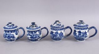 FOUR 18TH CENTURY CHINESE BLUE & WHITE PORCELAIN CUDDLE CUPS & COVERS, each decorated with views