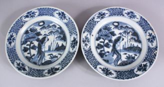 TWO CHINESE WANLI PERIOD BLUE & WHITE PORCELAIN SHIPWRECK PLATES - with peacock design, 27cm
