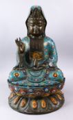 A FINE 19TH CENTURY CHINESE BRONZE & CLOISONNE MODEL OF GUANYIN SEATED UPON LOTUS, guanyin