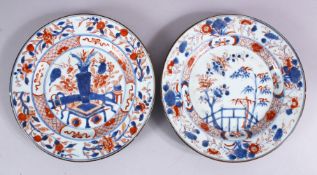 TWO 18TH CENTURY CHINESE IMARI PORCELAIN PLATES, both decorated in typical imari style with flora
