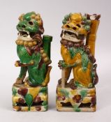 A PAIR OF 19TH CENTURY CHINESE SANCAI PORCELAIN FIGURES / CANDLESTICKS OF LION DOGS, both figures