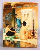 A TURKISH HAMAN SUBJECT OIL ON CANVASS, depicting semi erotic figures interior, 65.5cm x 50.5cm.