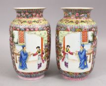 A PAIR OF CHINESE REPUBLIC PERIOD FAMILLE ROSE PORCELAIN VASES, with panel decoration depicting