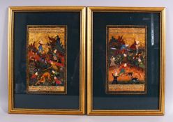 A GOOD PAIR OF 19TH / 20TH CENTURY INDIAN FRAMED MUGHAL MINIATURES, each depicting scenes of figures